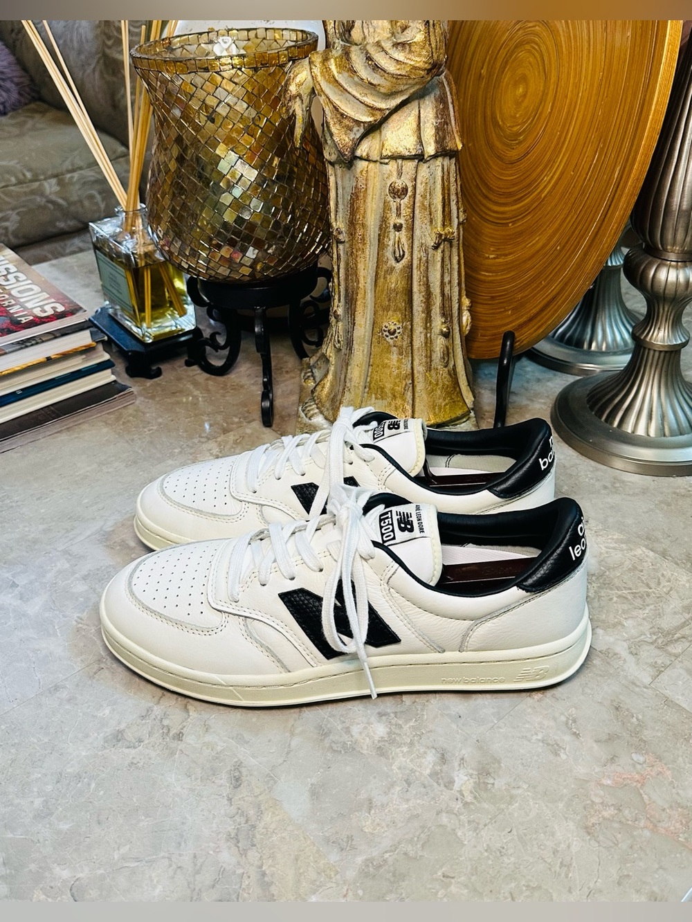 New Balance White and Black Leather Athletic Sneakers